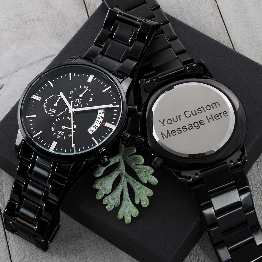 Engraved Watch for Men | Customizable Engraved Black Chronograph Watch