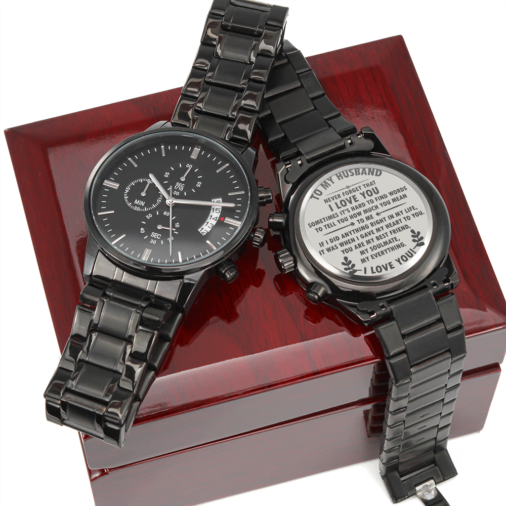 Husband - Never Forget That I Love You - Engraved Design Black Chronograph Watch